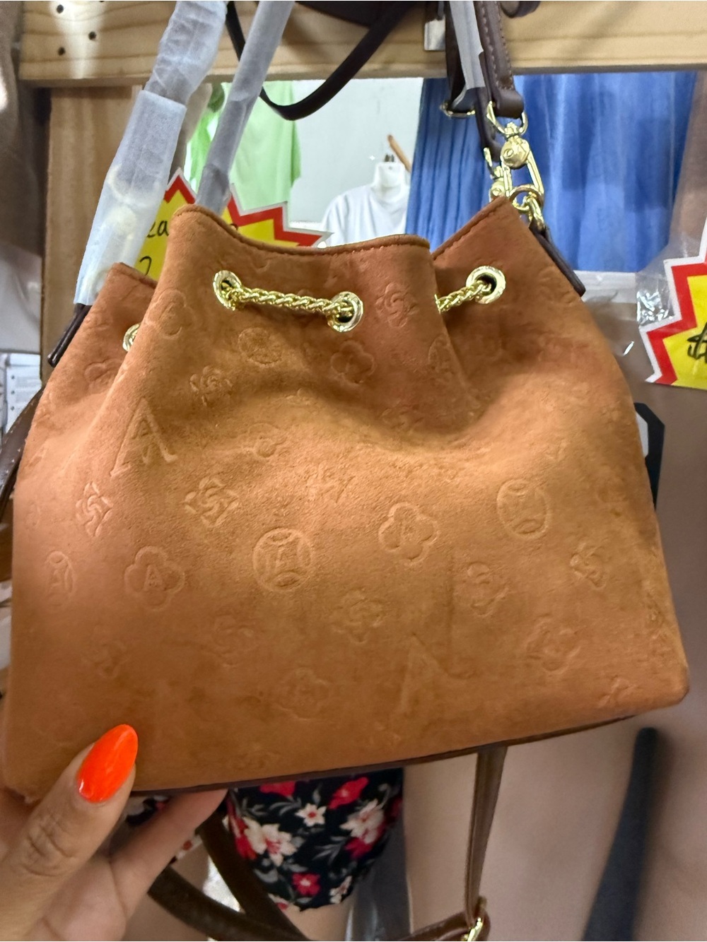 Suede Drawstring Bucket Bag in Burnt Orange